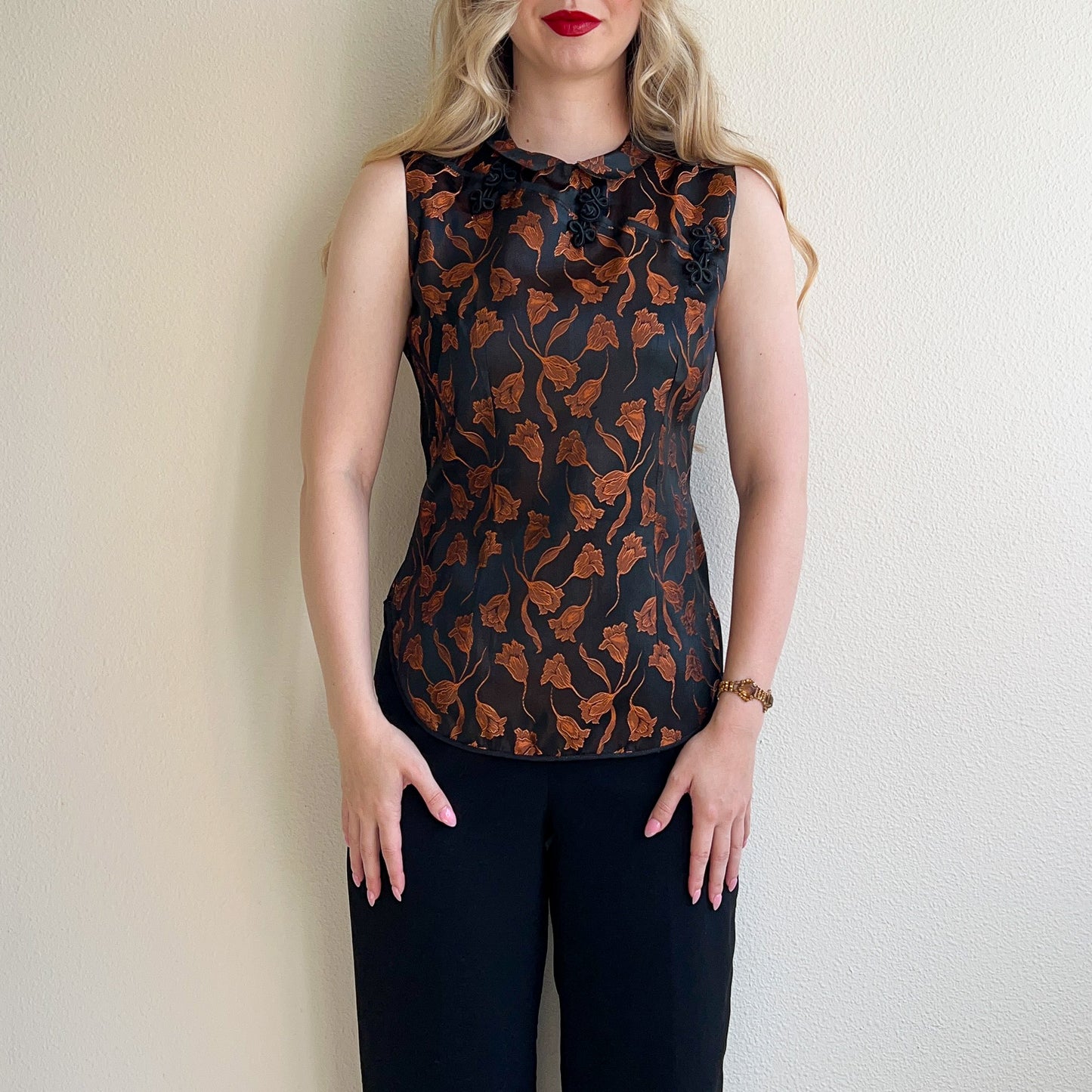 1960s Black Silk Top With Bronze Pattern (M)