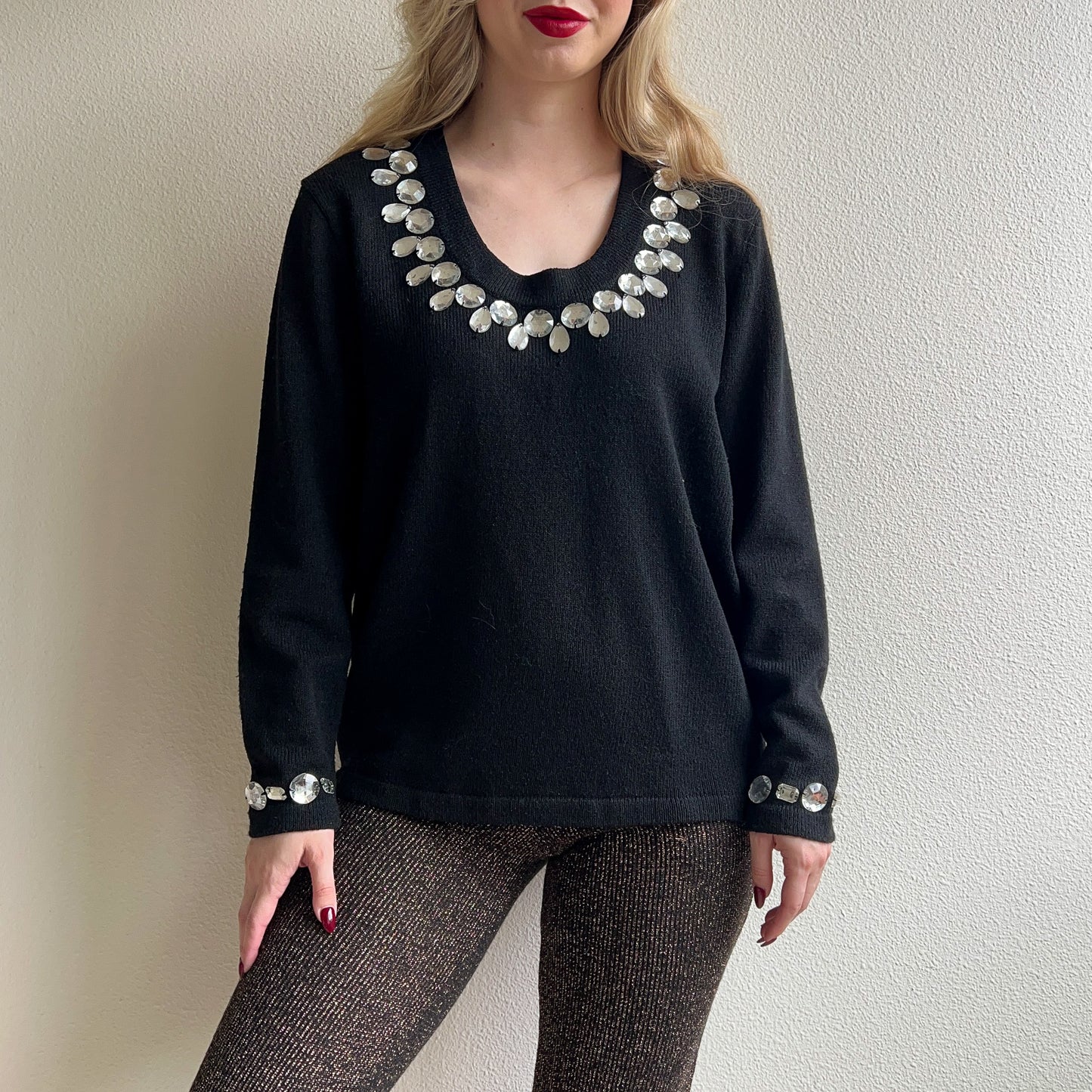 1960s Black Knit Sweater With Large Rhinestones (L/XL)