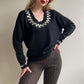 1960s Black Knit Sweater With Large Rhinestones (L/XL)