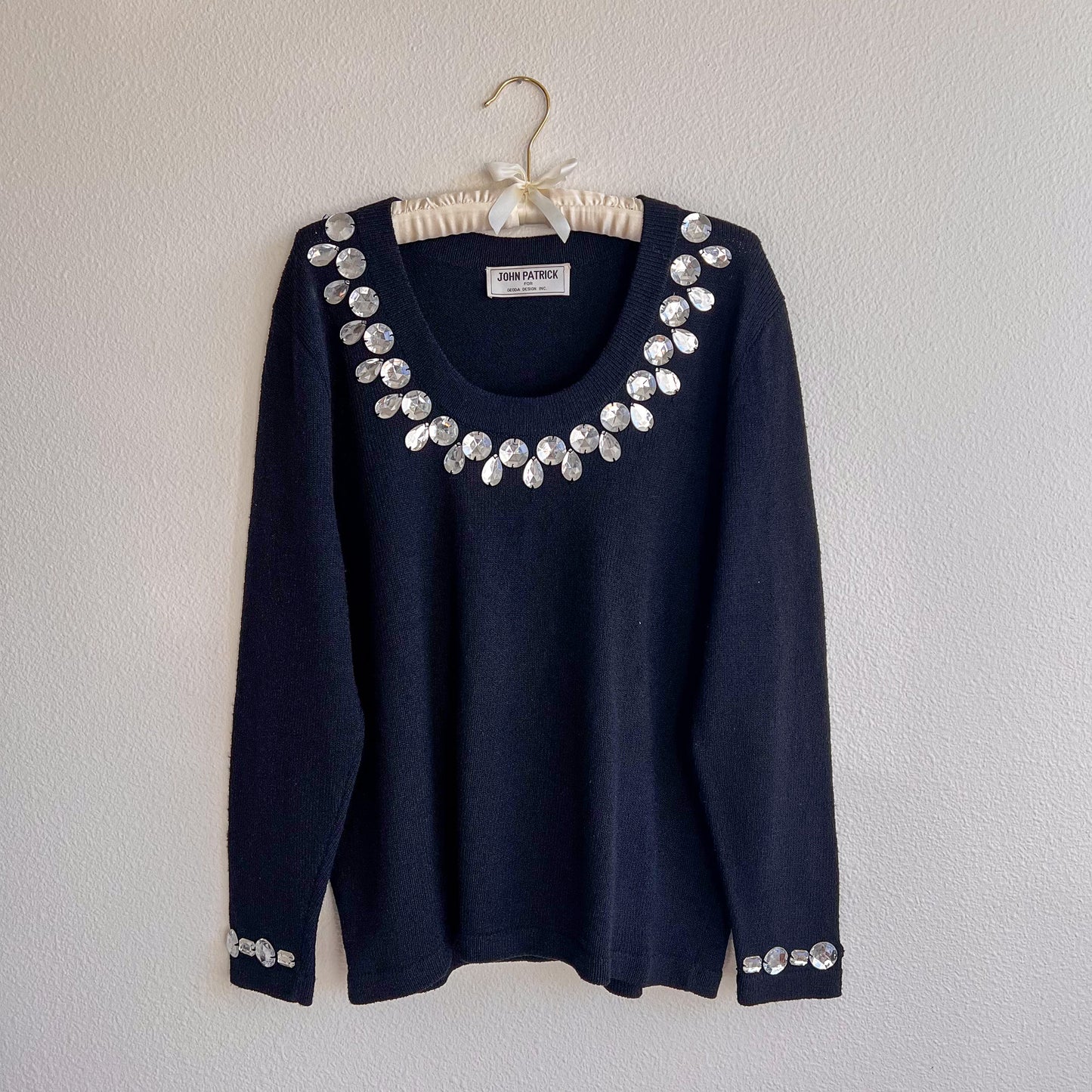 1960s Black Knit Sweater With Large Rhinestones (L/XL)