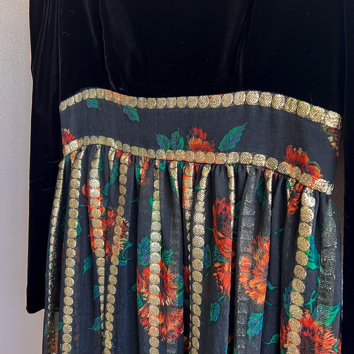 1960s Black Velvet Gown With Metallic Print Skirt (S/M)