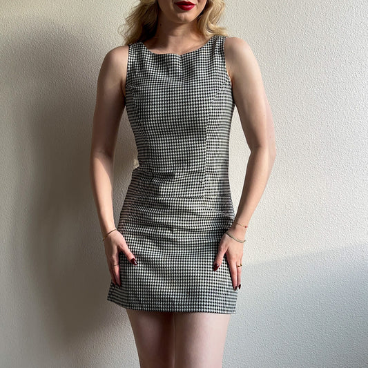 1960s Black and White Houndstooth Mini Dress (S)