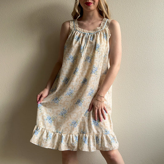 1960s Blue Floral Cotton Nightgown (M/L)