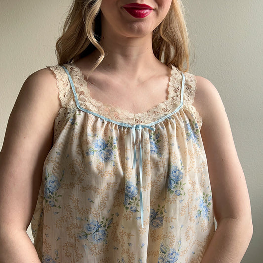 1960s Blue Floral Cotton Nightgown (M/L)
