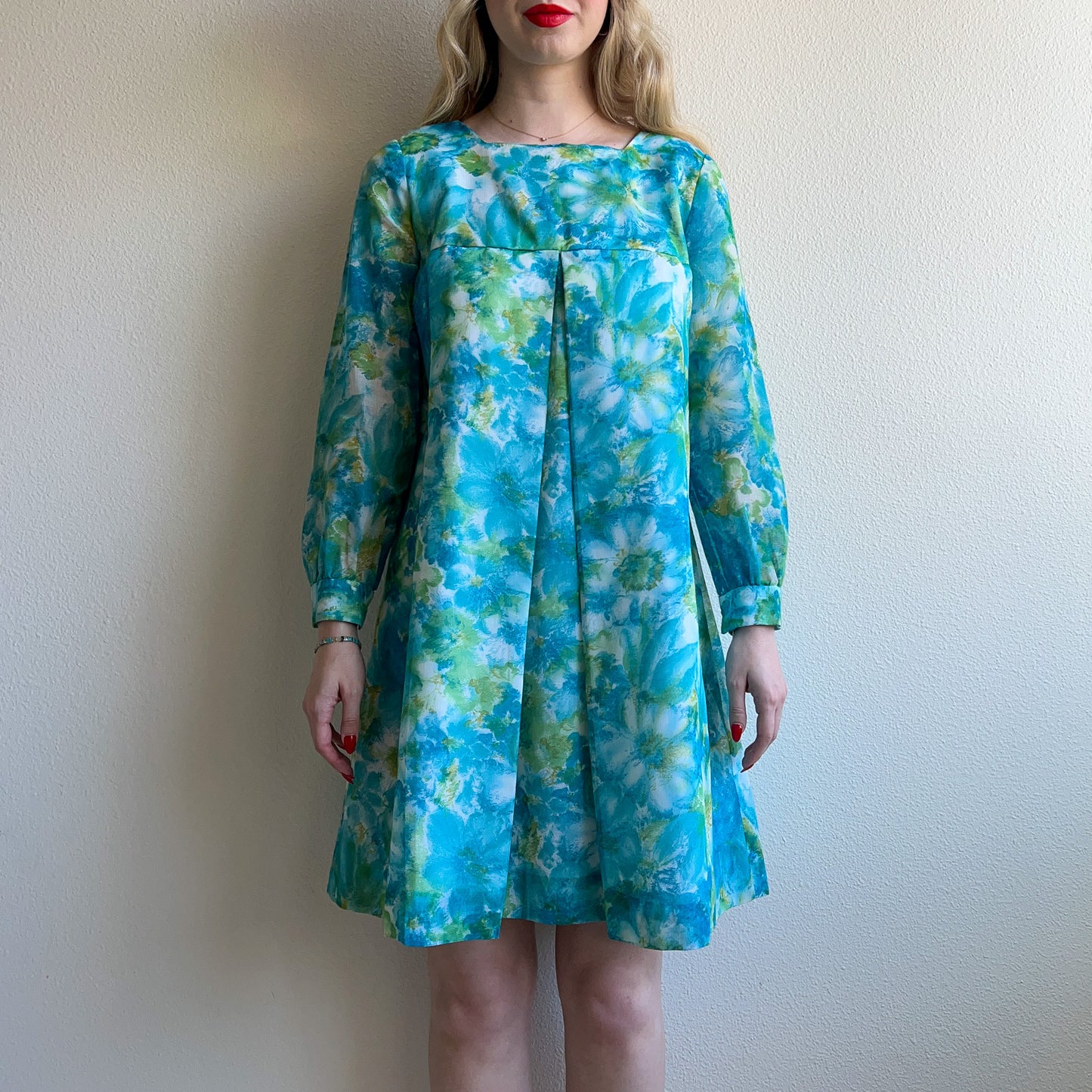 1960s Blue Floral Long Sleeve Baby Doll Dress (M/L)