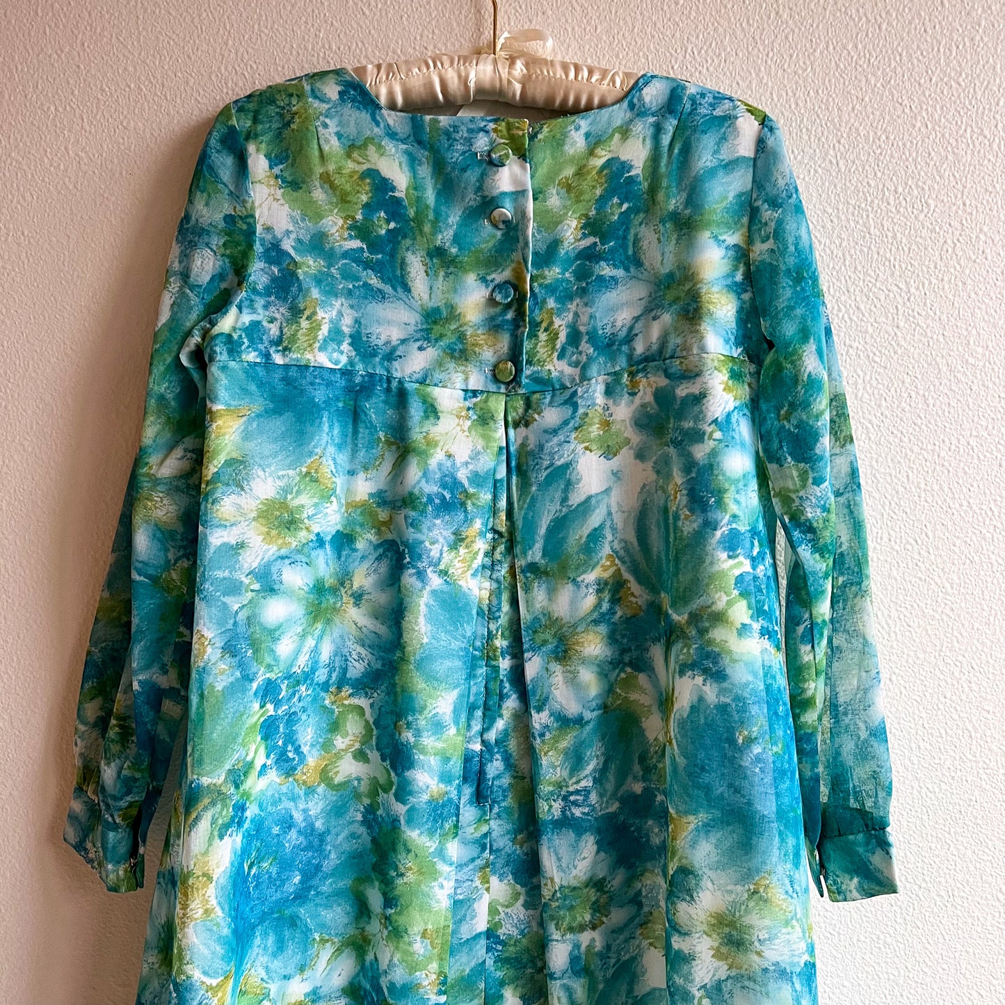 1960s Blue Floral Long Sleeve Baby Doll Dress (M/L)