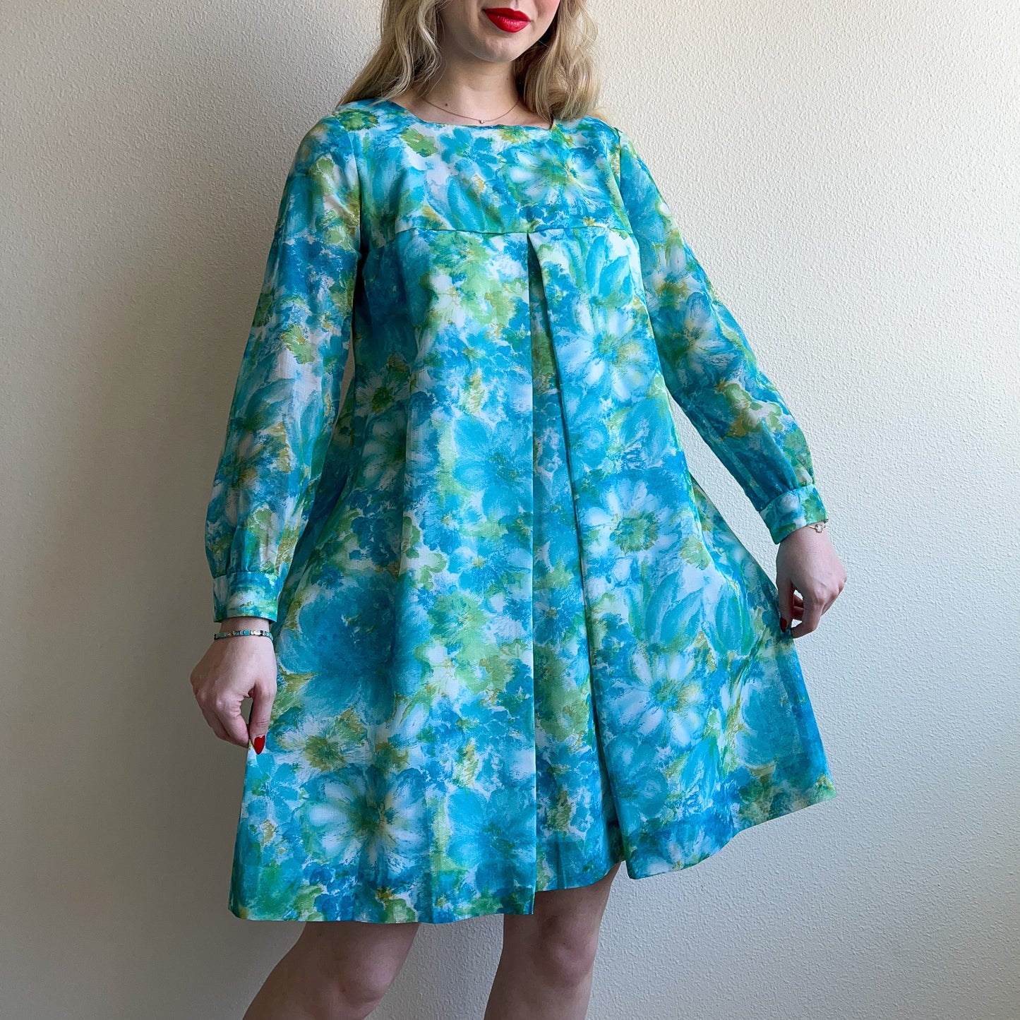 1960s Blue Floral Long Sleeve Baby Doll Dress (M/L)