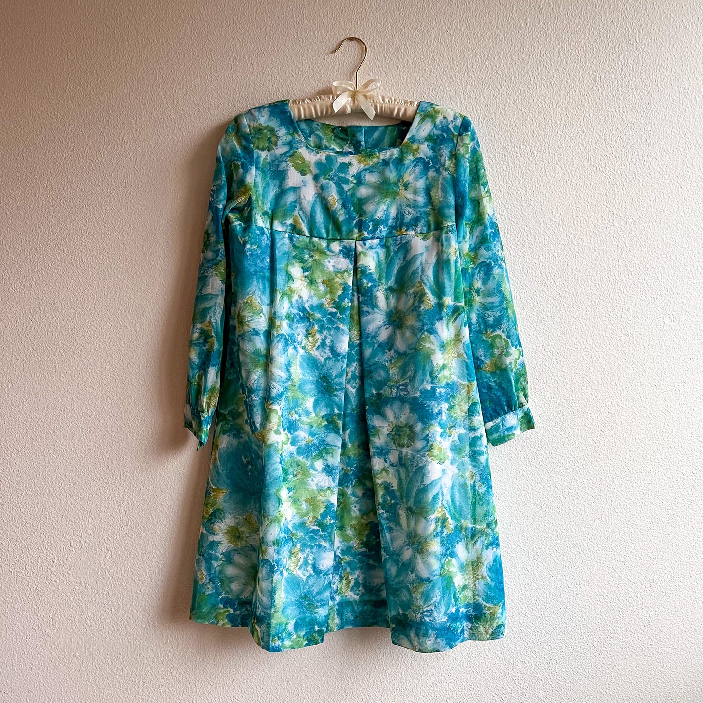 1960s Blue Floral Long Sleeve Baby Doll Dress (M/L)