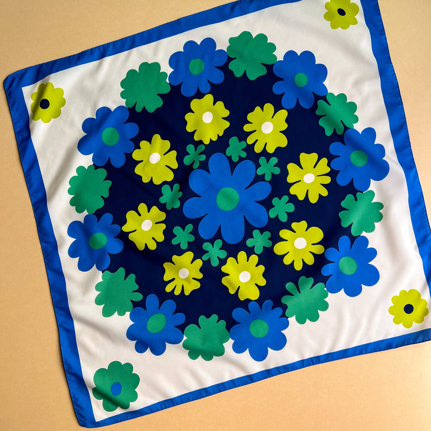 1960s Blue and Green Daisy Print Scarf