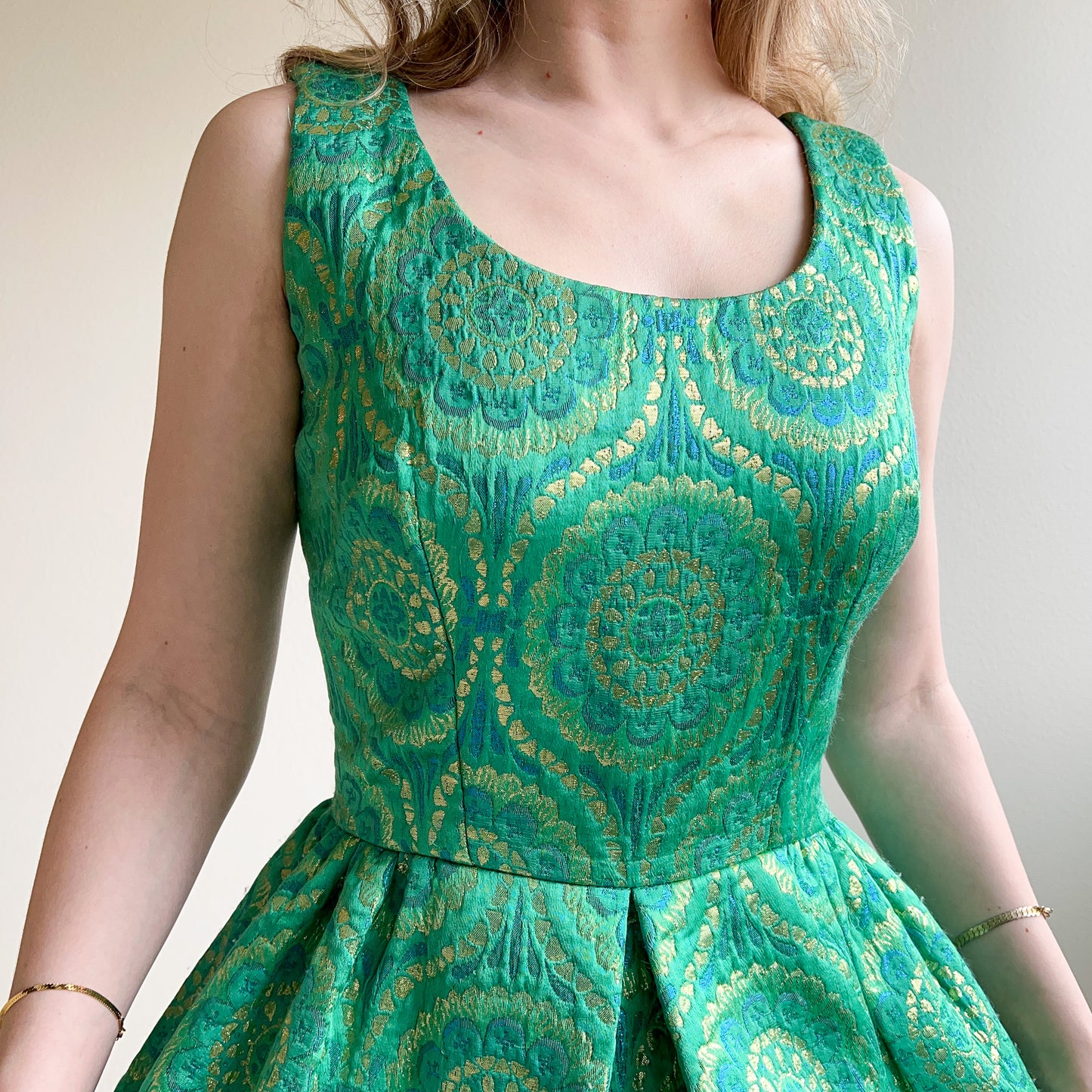 Fab 1960s Blue and Green Pattern Gown With Gold Details (S/M)