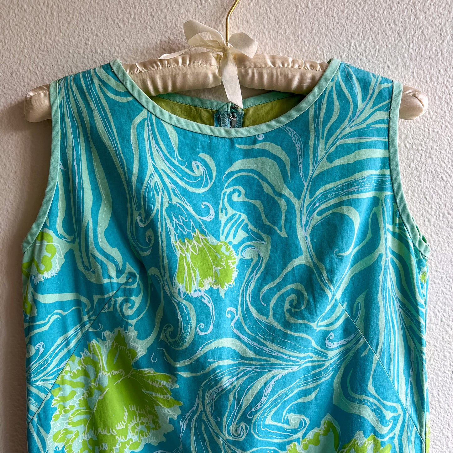 1960s Pale Blue and Green Tropical Print Summer Dress (S)