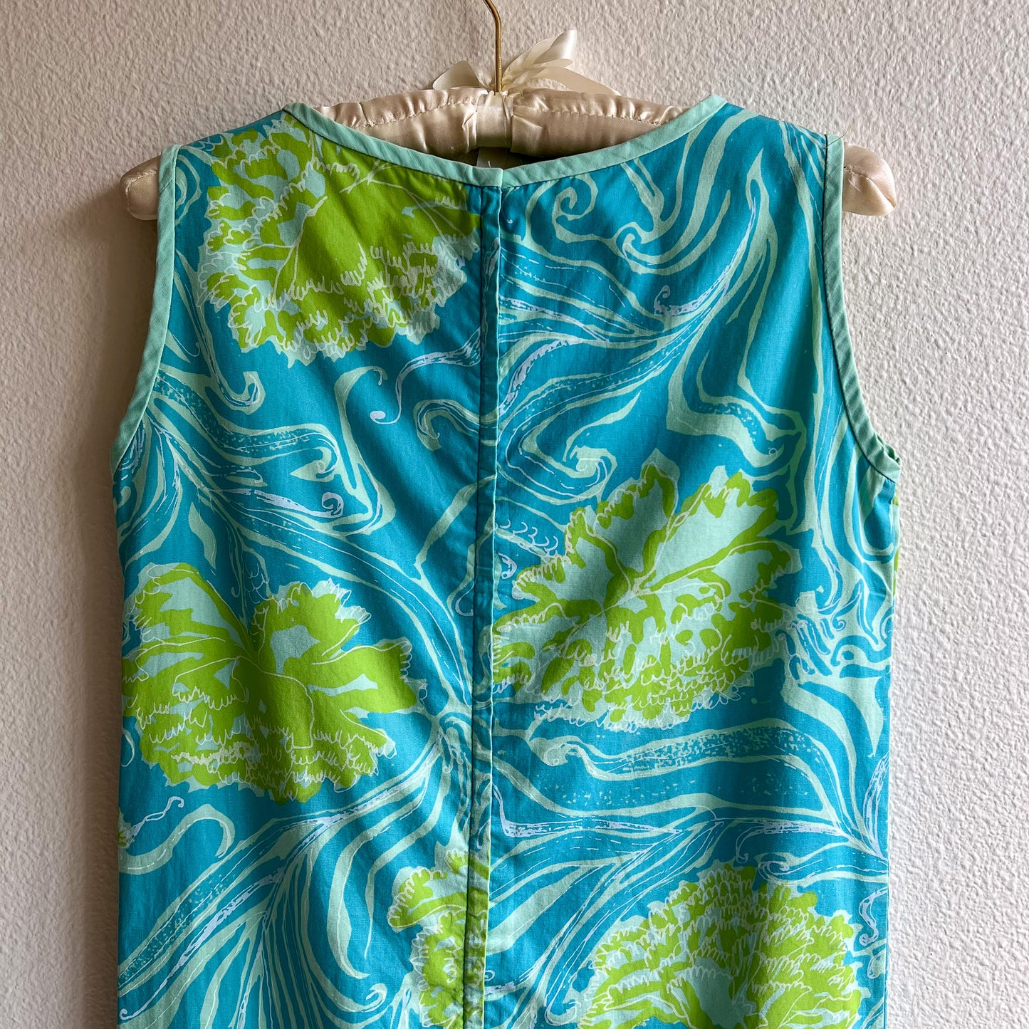 1960s Pale Blue and Green Tropical Print Summer Dress (S)