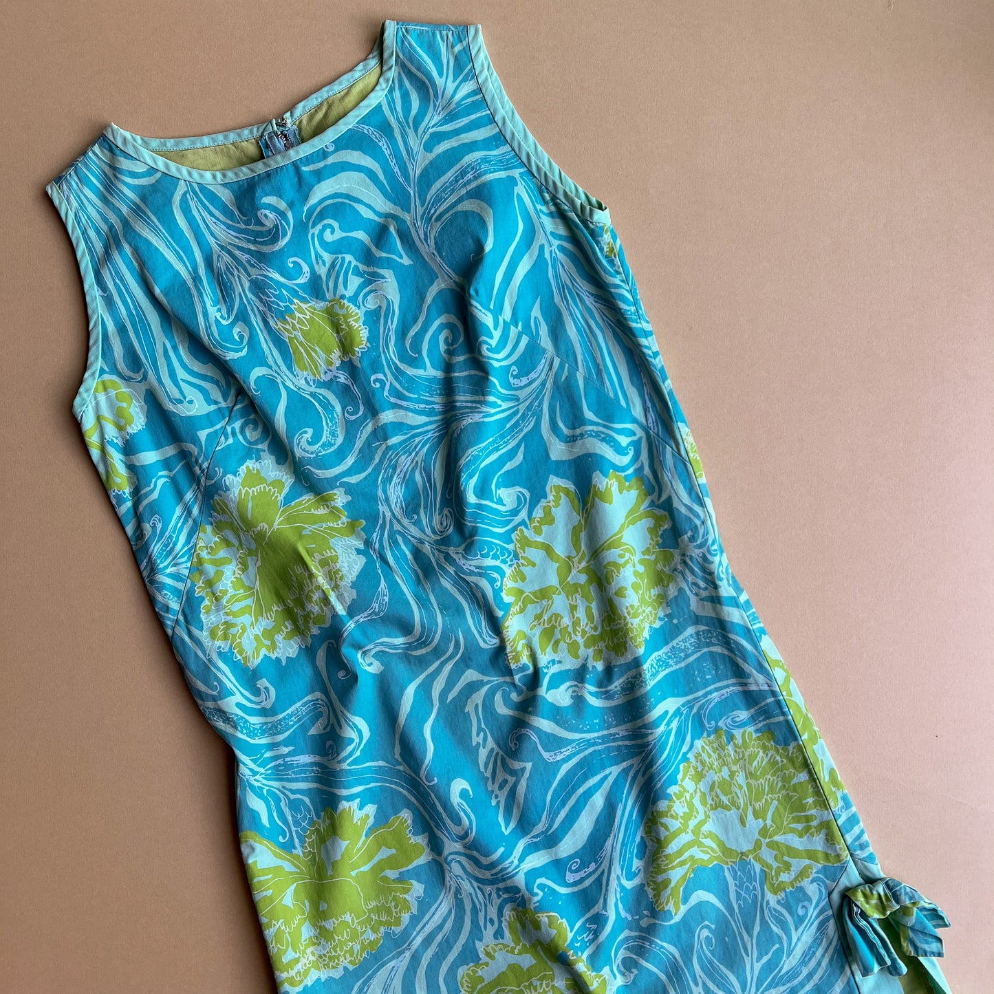 1960s Pale Blue and Green Tropical Print Summer Dress (S)