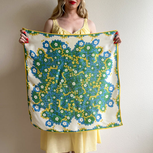 1960s Blue and Yellow Floral Silk Scarf