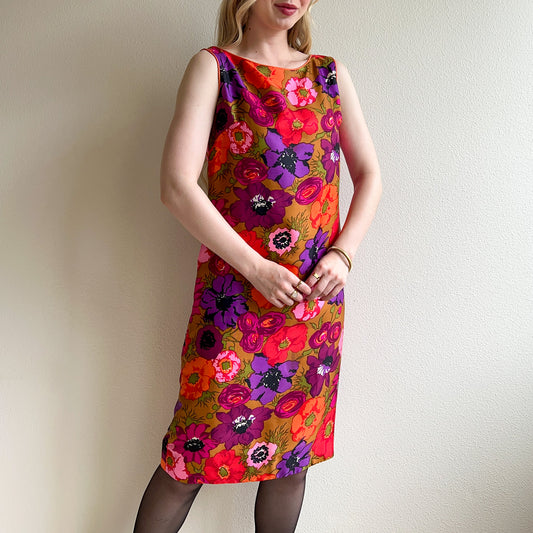 1960s Bright Florals Silk Shift Dress (M/L)