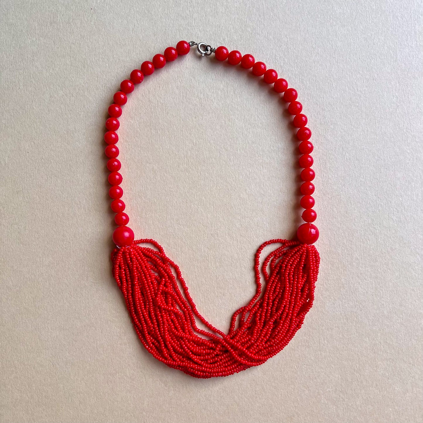 1960s Bright Red Beads on Beads Necklace