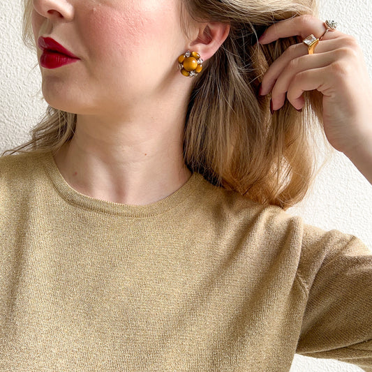 1960s Brown and Clear Faceted Bead Clip-Ons