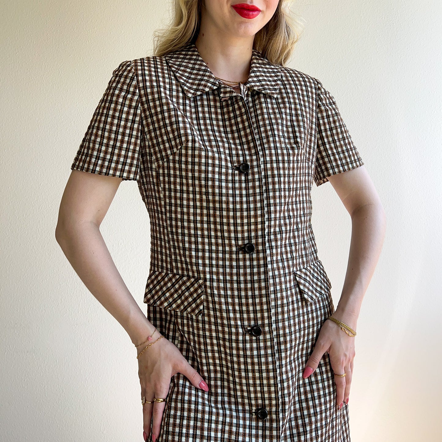1960s Brown Gingham Pattern Buttoned Dress (M/L)
