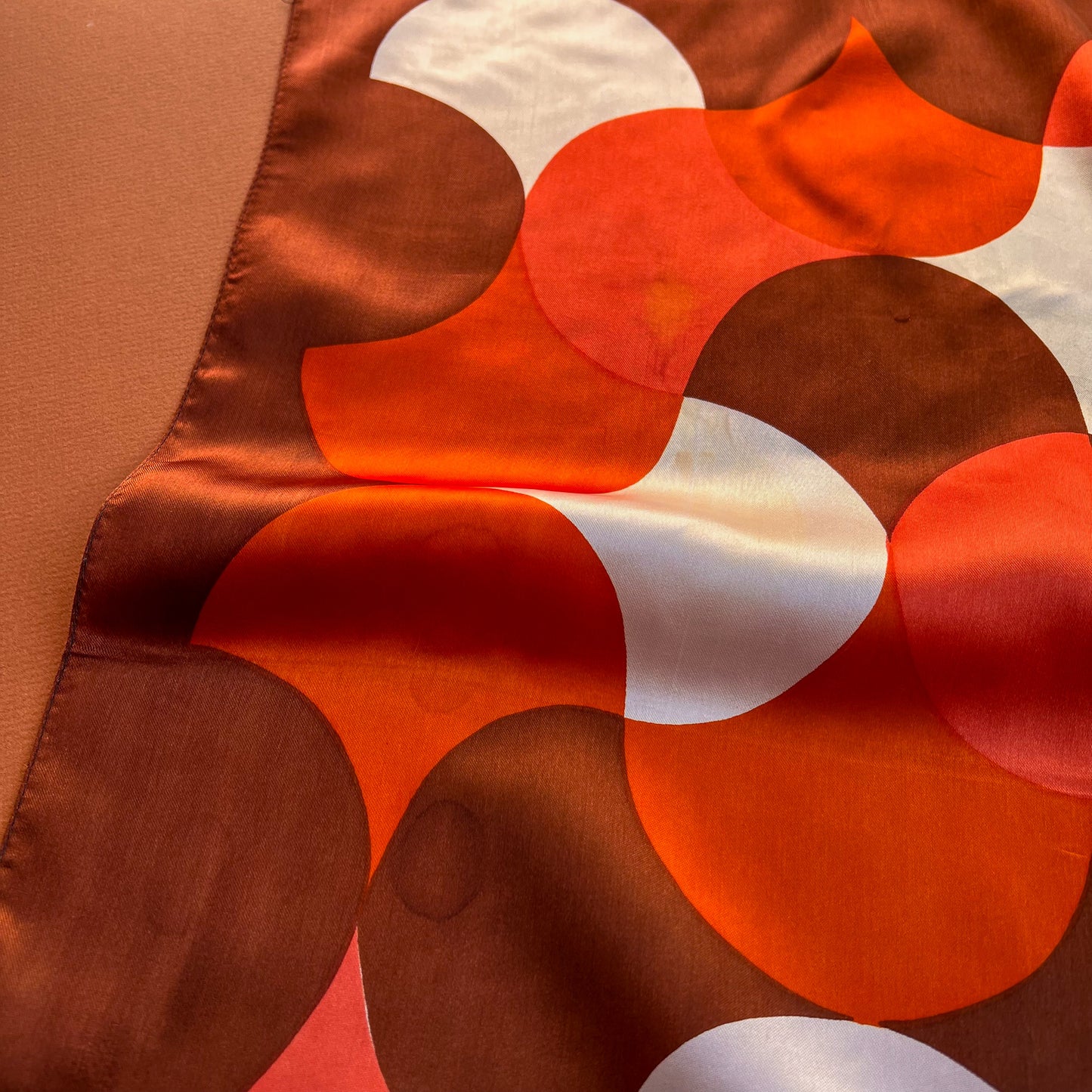 Adorable 1960s Brown and Pink Satin Scarf