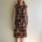 1960s Brown and Yellow Abstract Print Jersey Shift Dress (S/M)