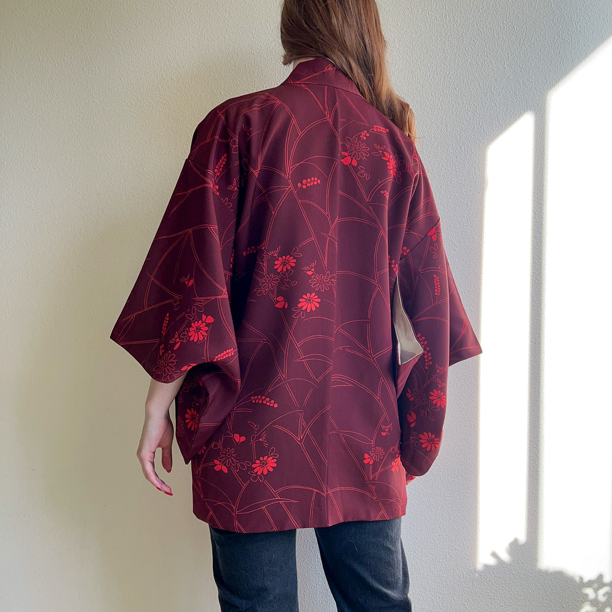 1960s Burgundy and Red Floral Silk Kimono (M/L)