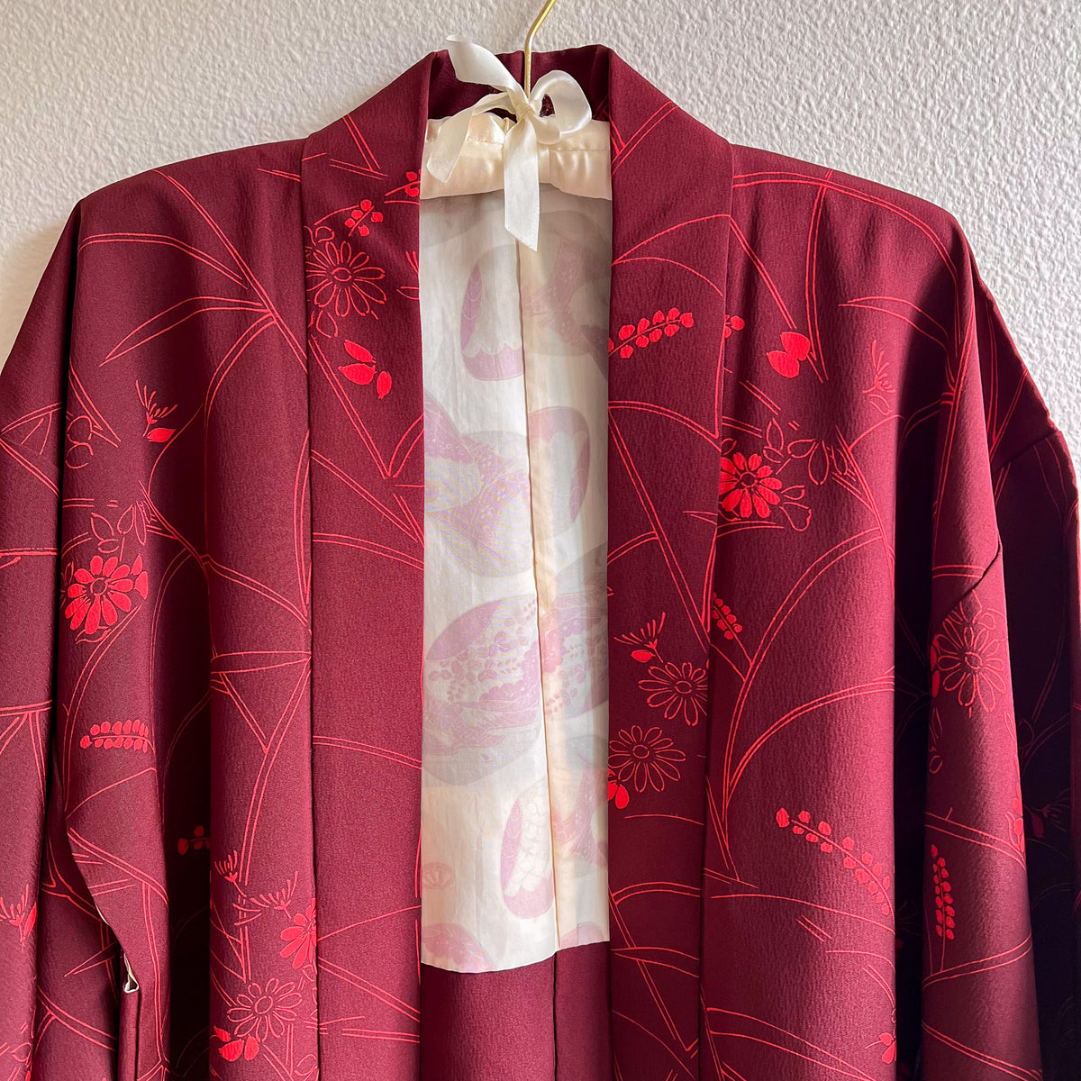 1960s Burgundy and Red Floral Silk Kimono (M/L)
