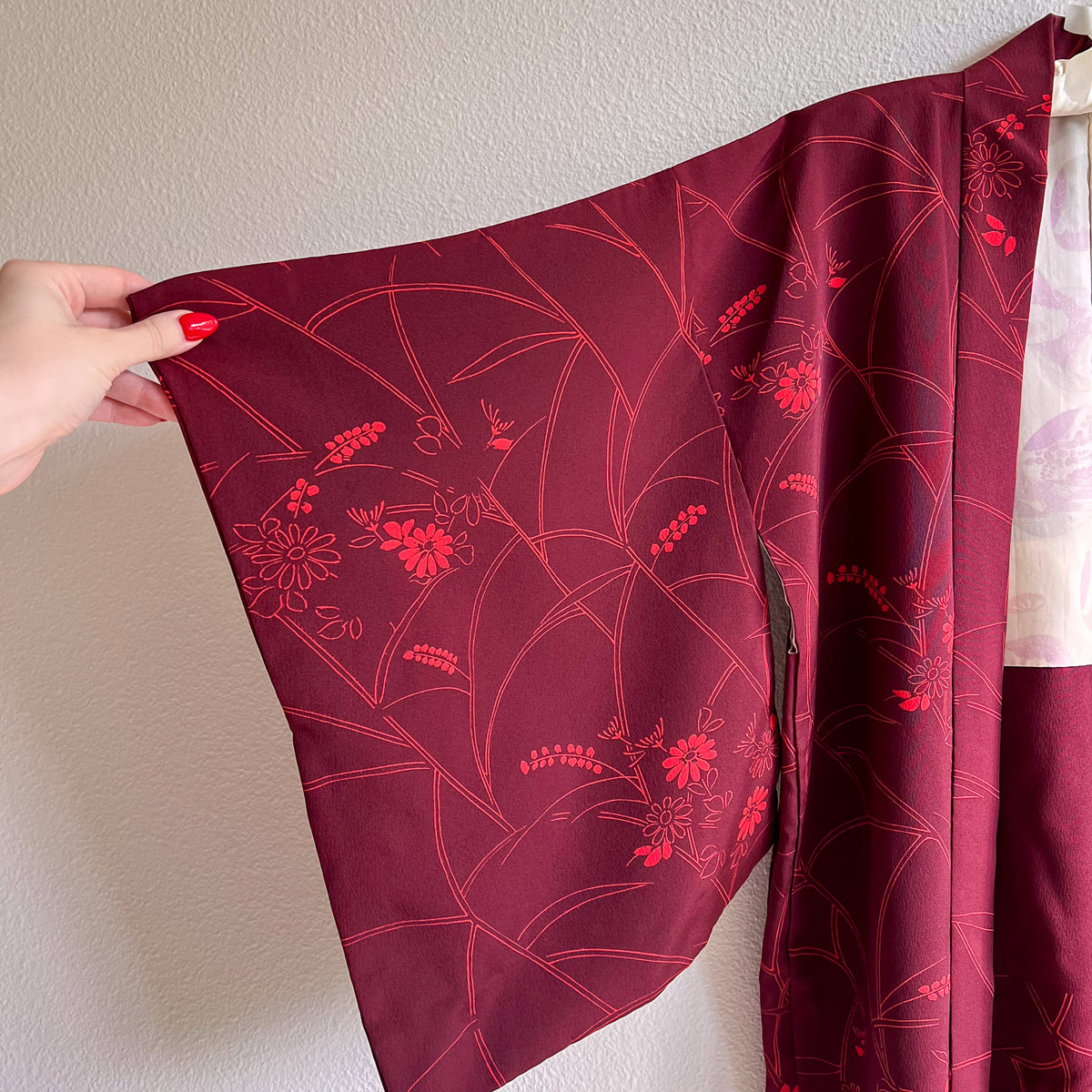 1960s Burgundy and Red Floral Silk Kimono (M/L)