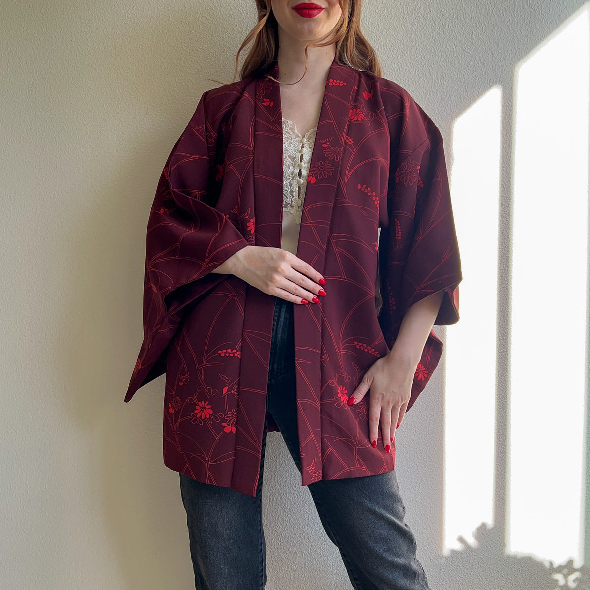 1960s Burgundy and Red Floral Silk Kimono (M/L)