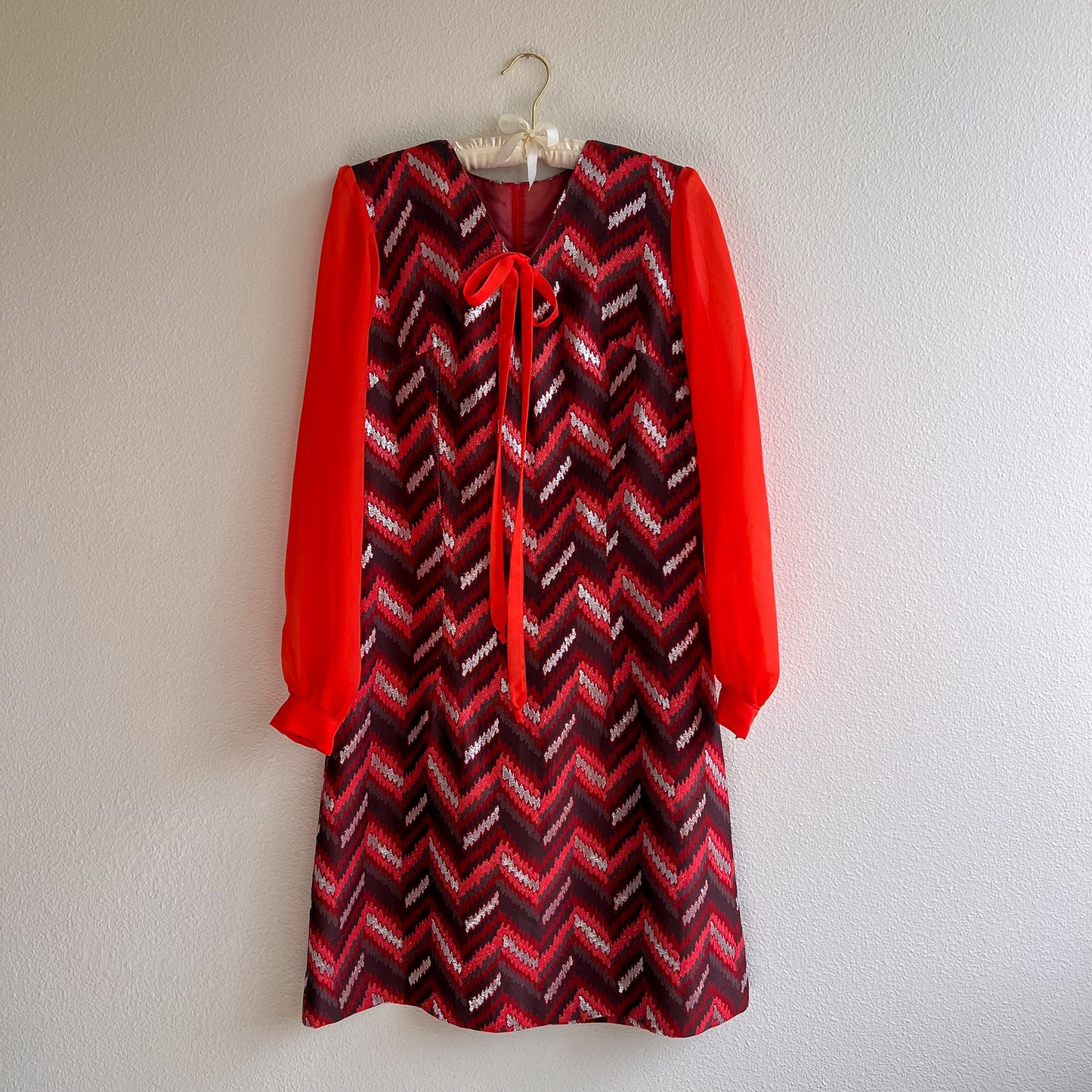 1960s Chevron Party Dress With Sheer Sleeves (M)
