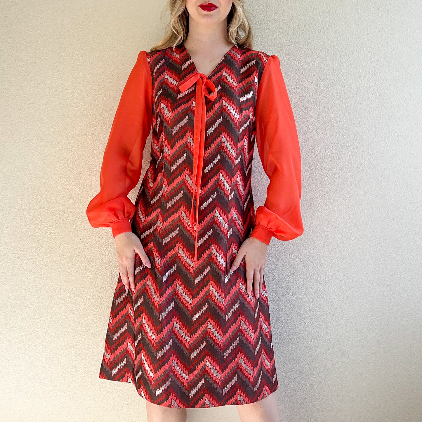 1960s Chevron Party Dress With Sheer Sleeves (M)