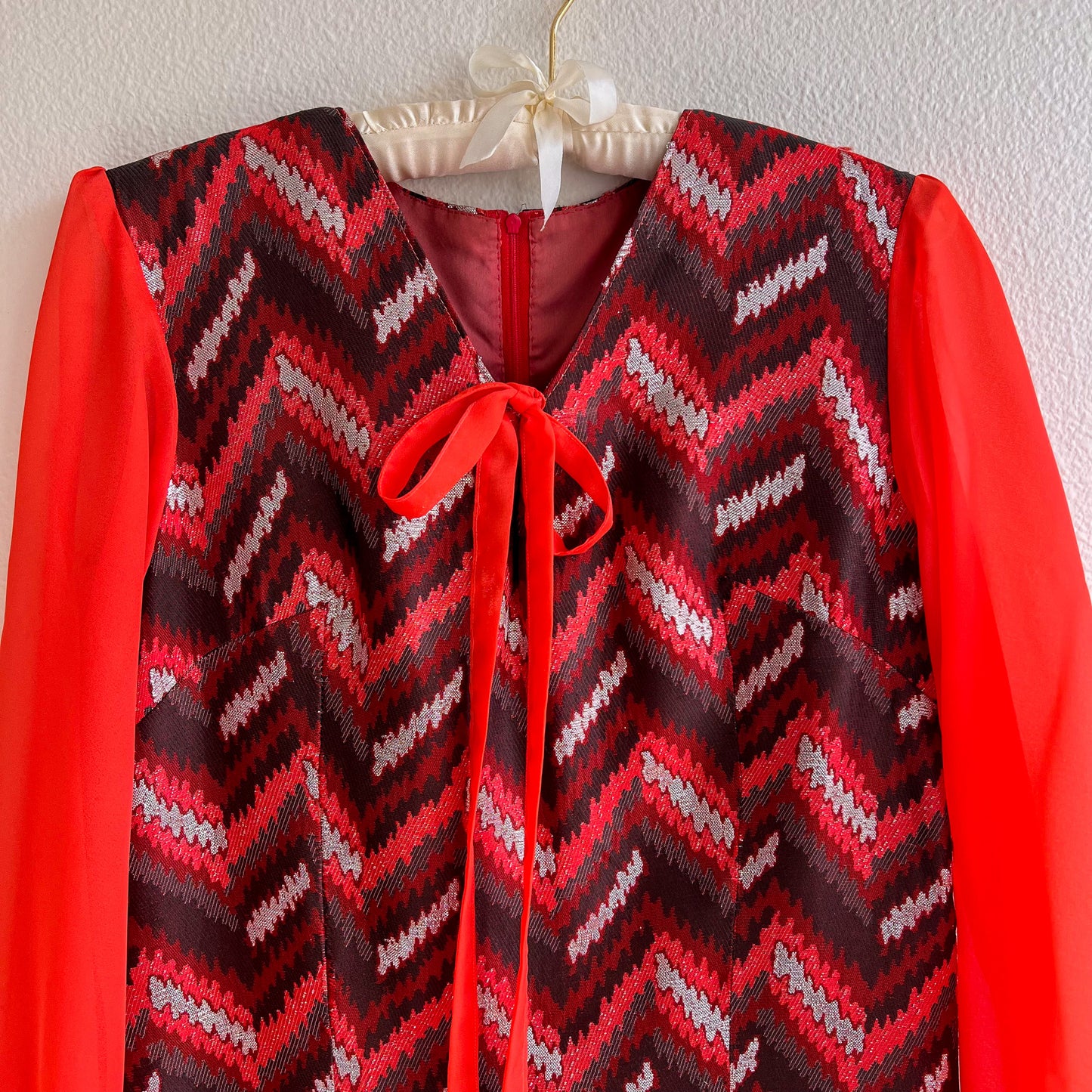 1960s Chevron Party Dress With Sheer Sleeves (M)