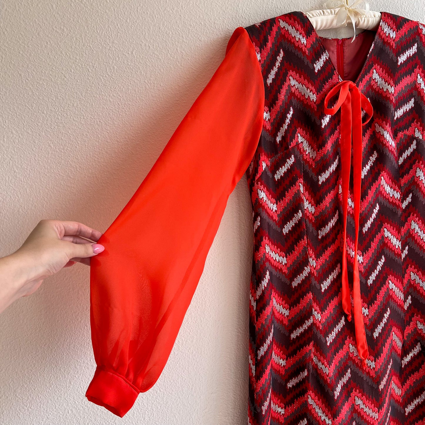 1960s Chevron Party Dress With Sheer Sleeves (M)