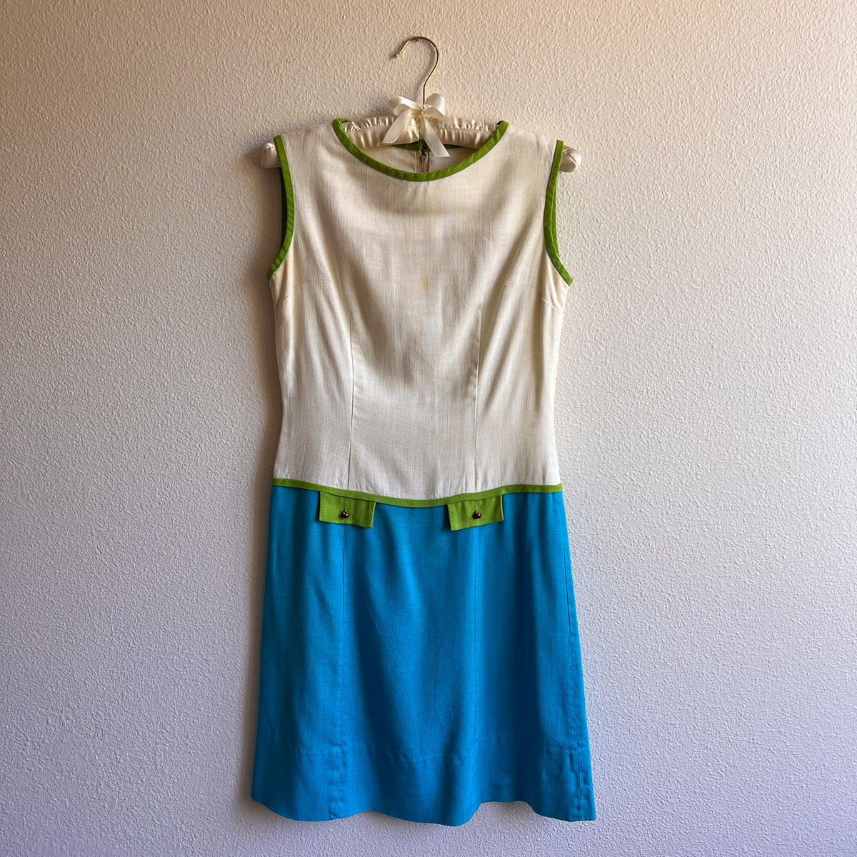 1960s Mod Dress With White, Green, and Blue Colorblock (S)