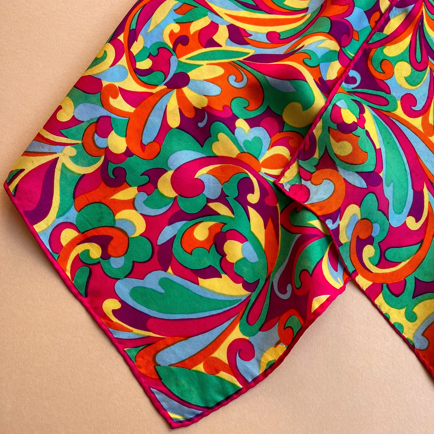 Vibrant 1960s Colorful Psychedelic Print Silk Scarf