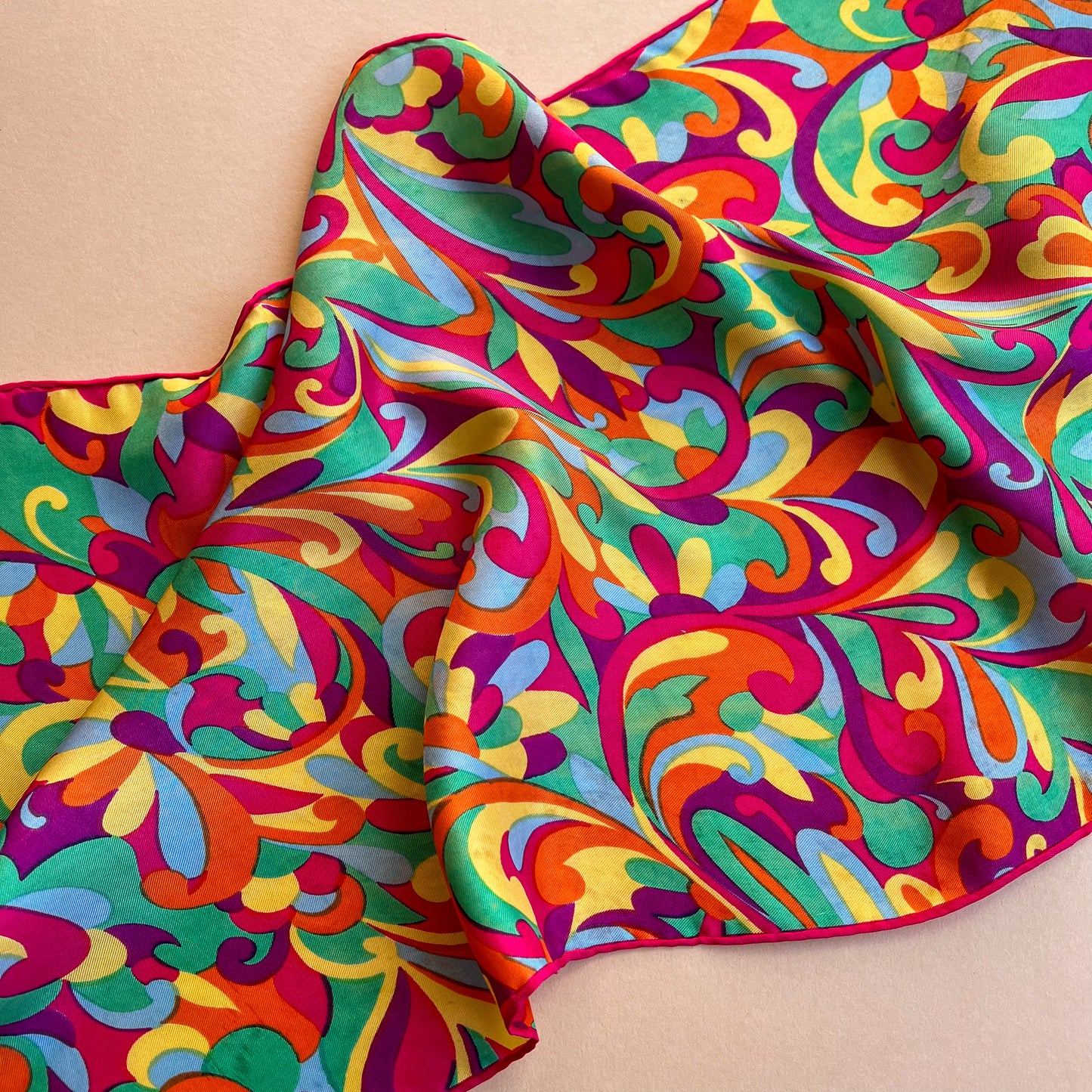 Vibrant 1960s Colorful Psychedelic Print Silk Scarf