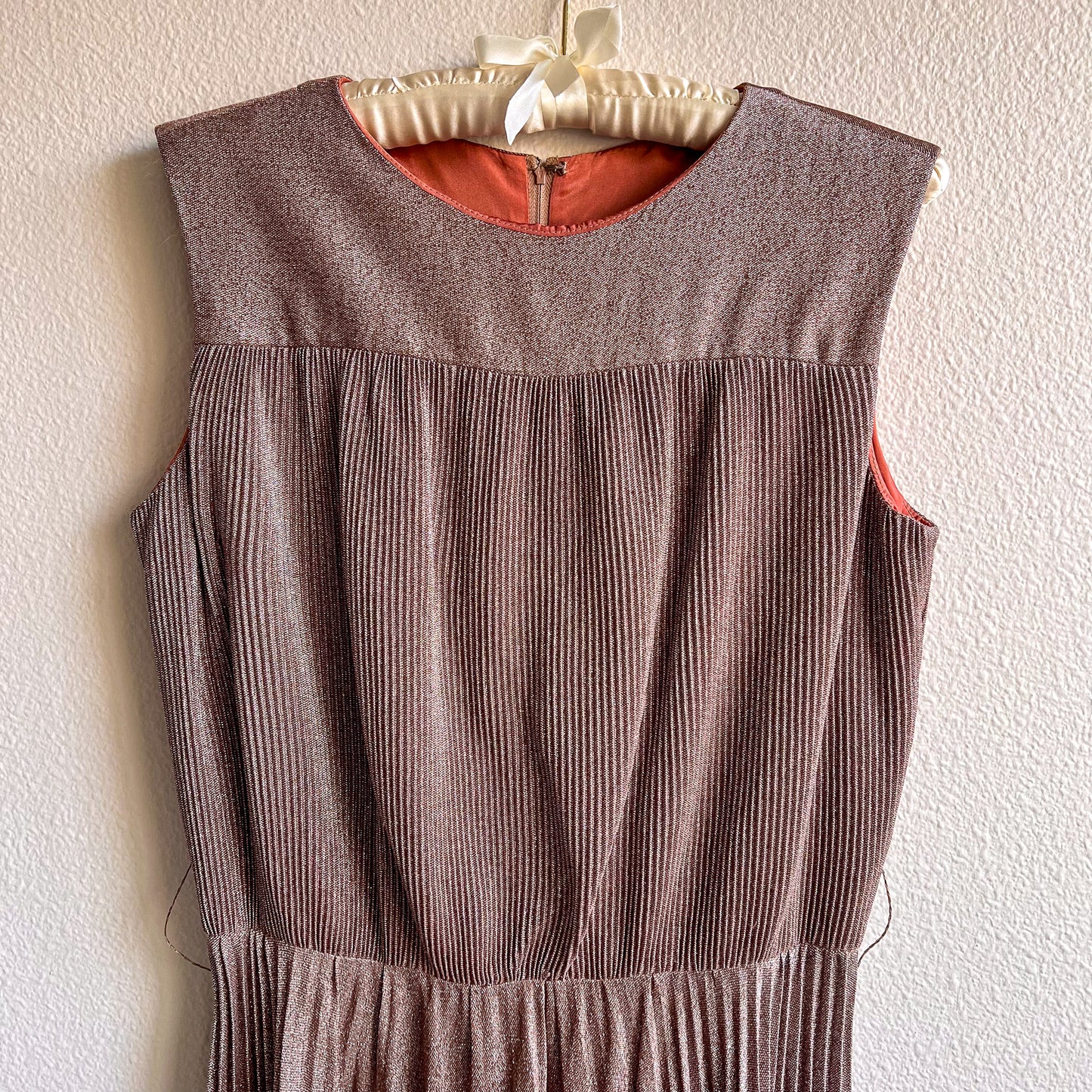 1960s Copper Metallic Pleated Mod Dress With Belt (S/M)