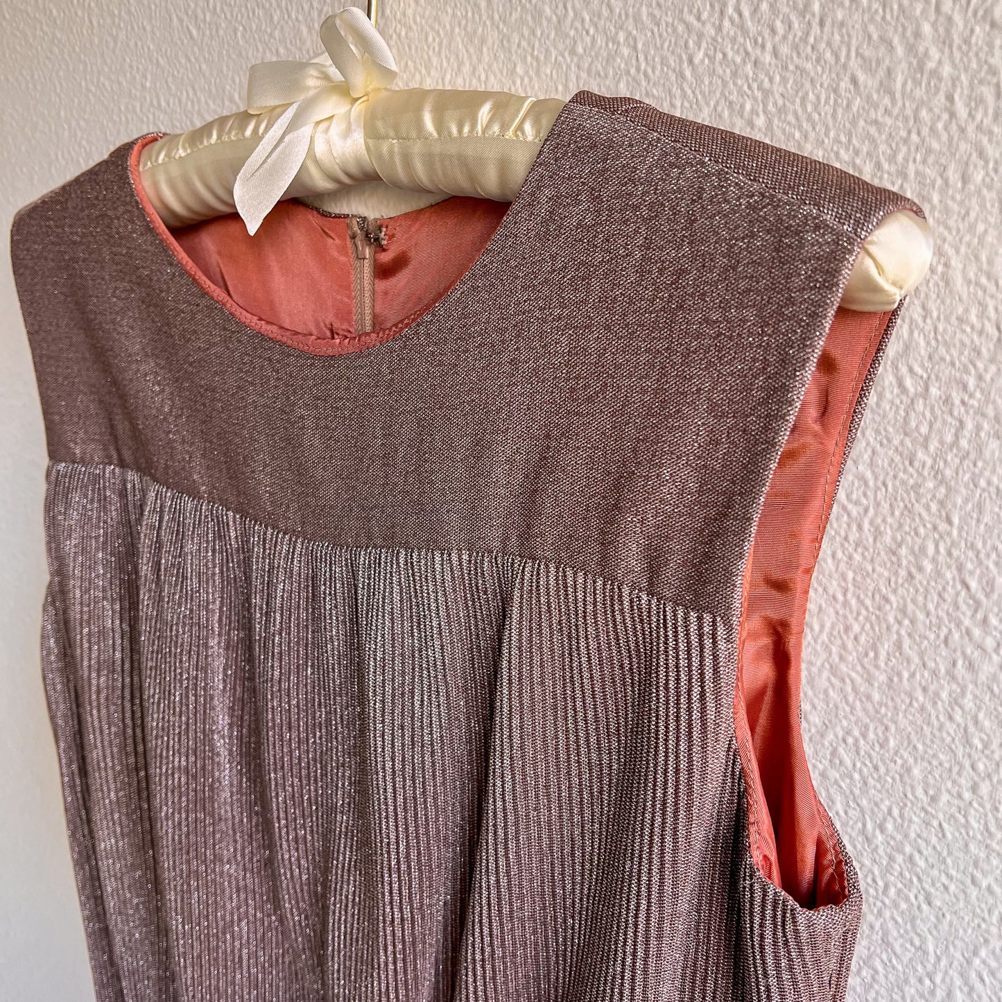 1960s Copper Metallic Pleated Mod Dress With Belt (S/M)