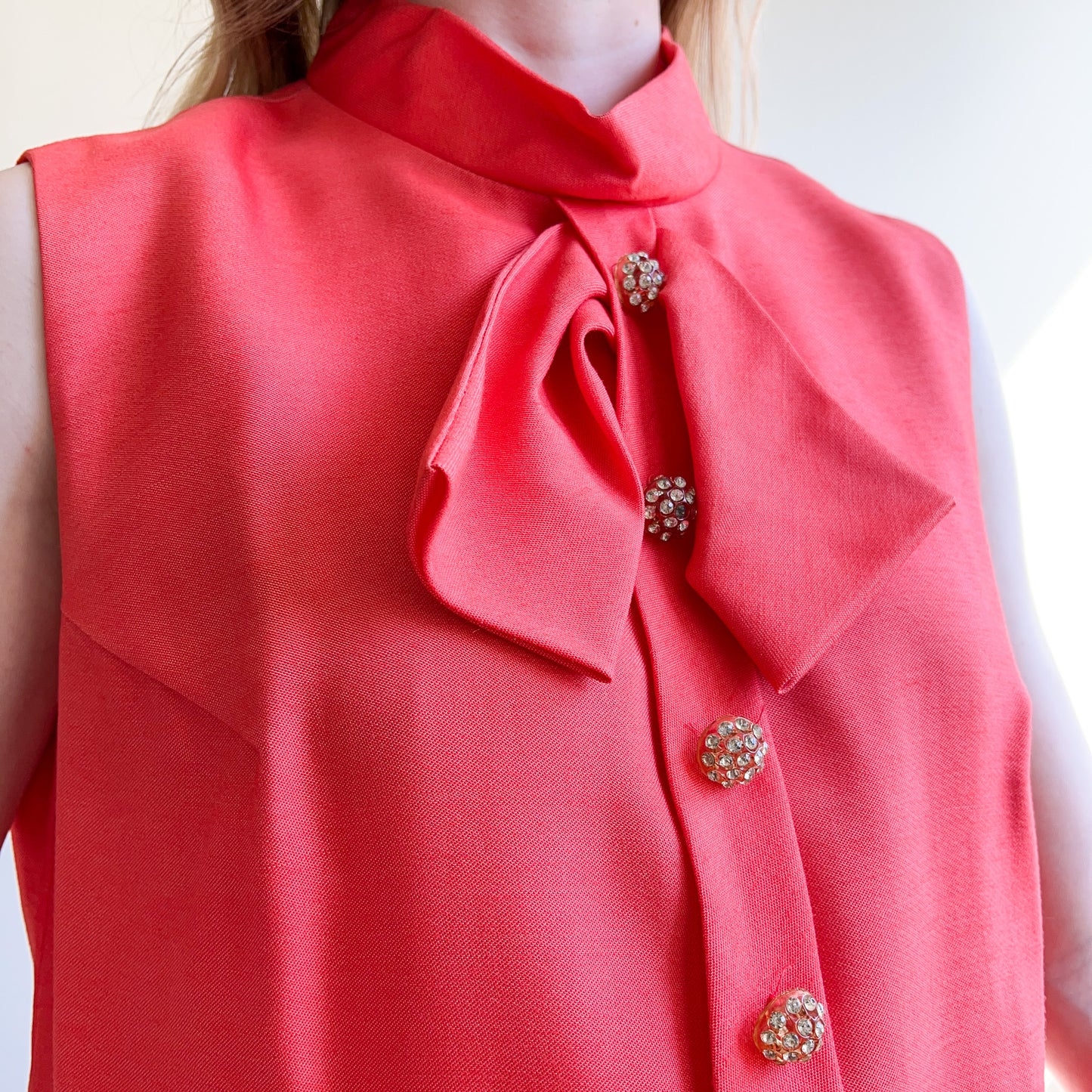 1960s Coral Shift Dress With Bow and Rhinestone Buttons (L/XL)