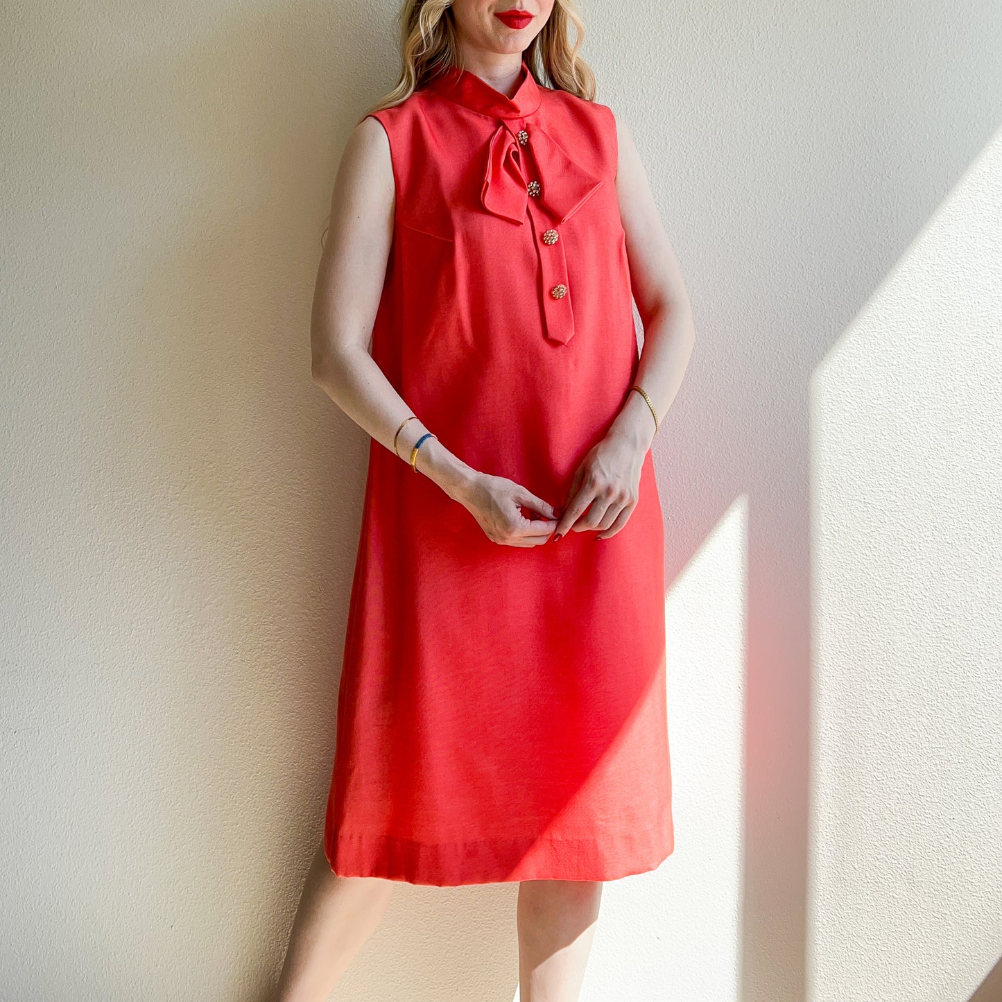 1960s Coral Shift Dress With Bow and Rhinestone Buttons (L/XL)