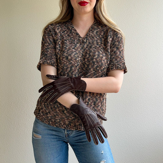 1960s Chocolate Brown Leather Gloves With Stitching