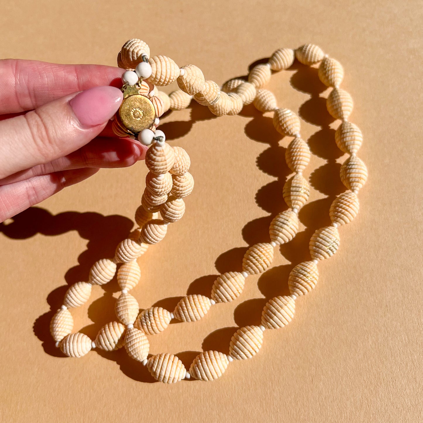 1960s Double-Strand Etched Cream Beaded Necklace