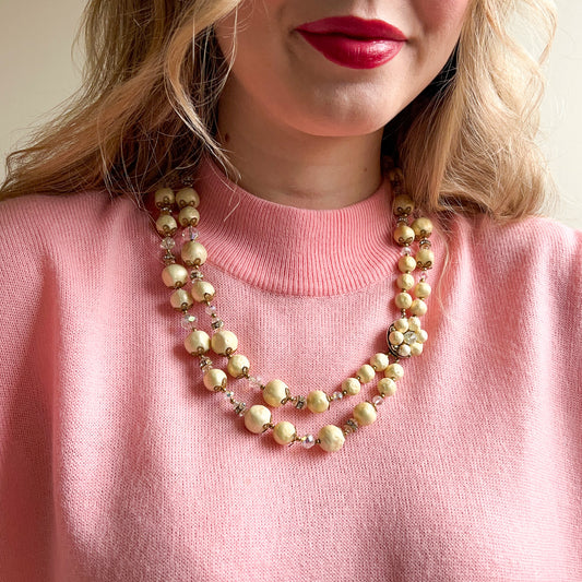 1960s Double-Strand Ivory and Clear Beaded Necklace