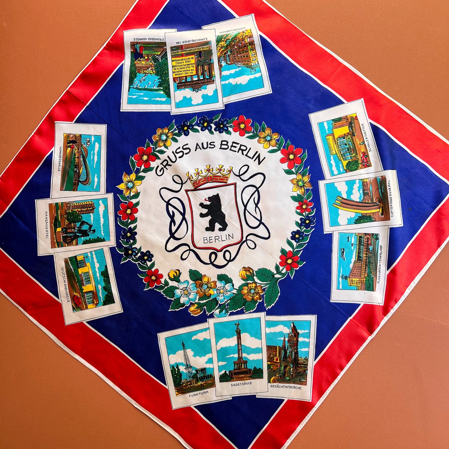 1960s Berlin, Germany Blue and Red Souvenir Scarf