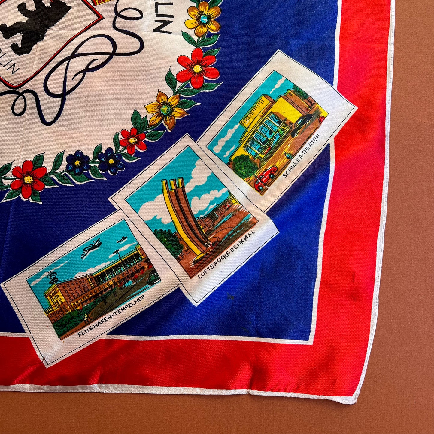 1960s Berlin, Germany Blue and Red Souvenir Scarf