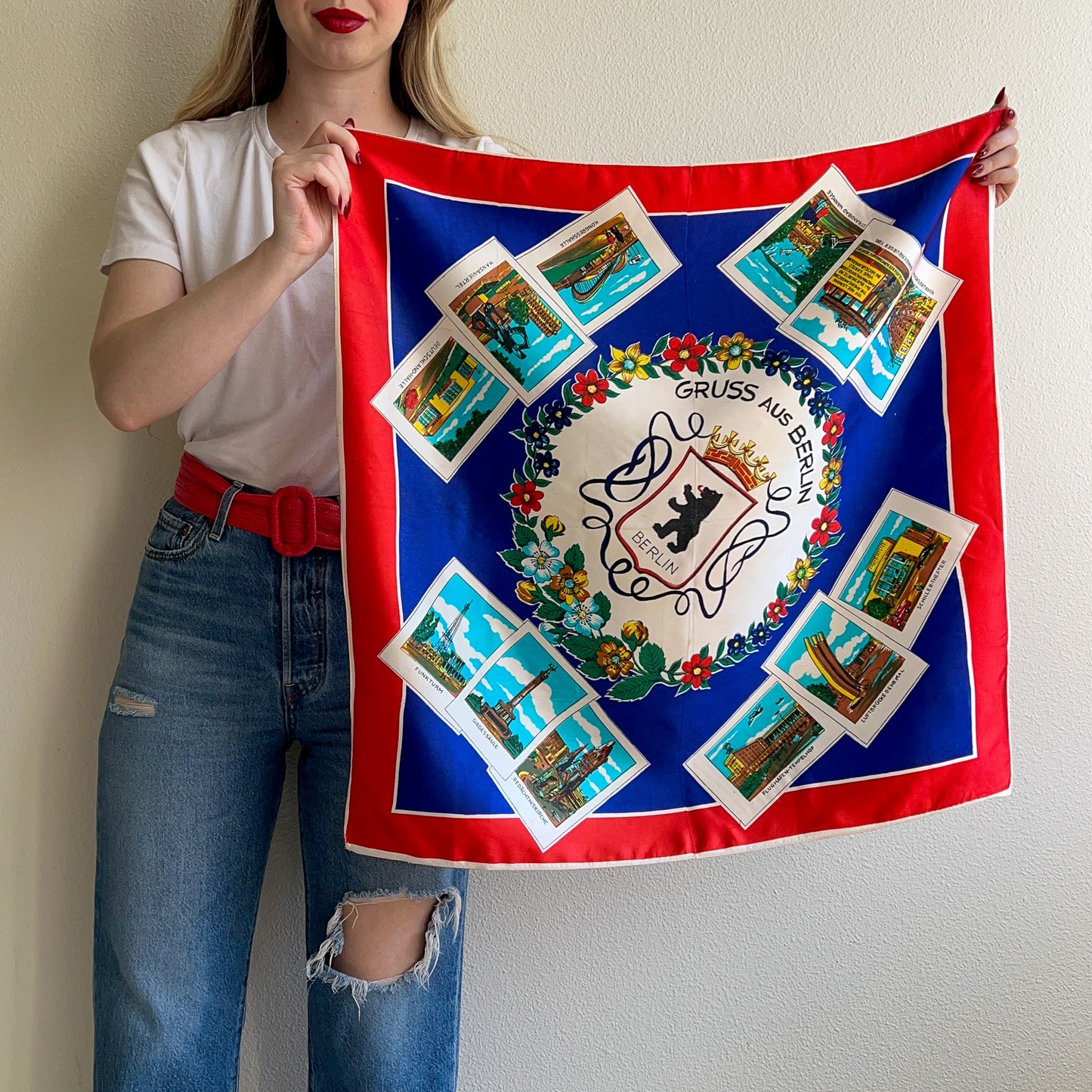 1960s Berlin, Germany Blue and Red Souvenir Scarf