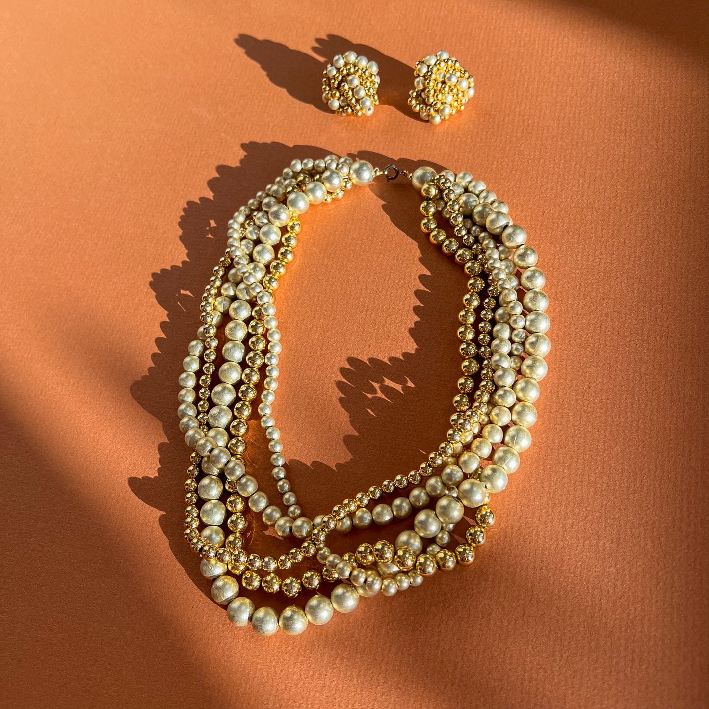 1960s Chunky Gold Beaded Necklace and Earrings