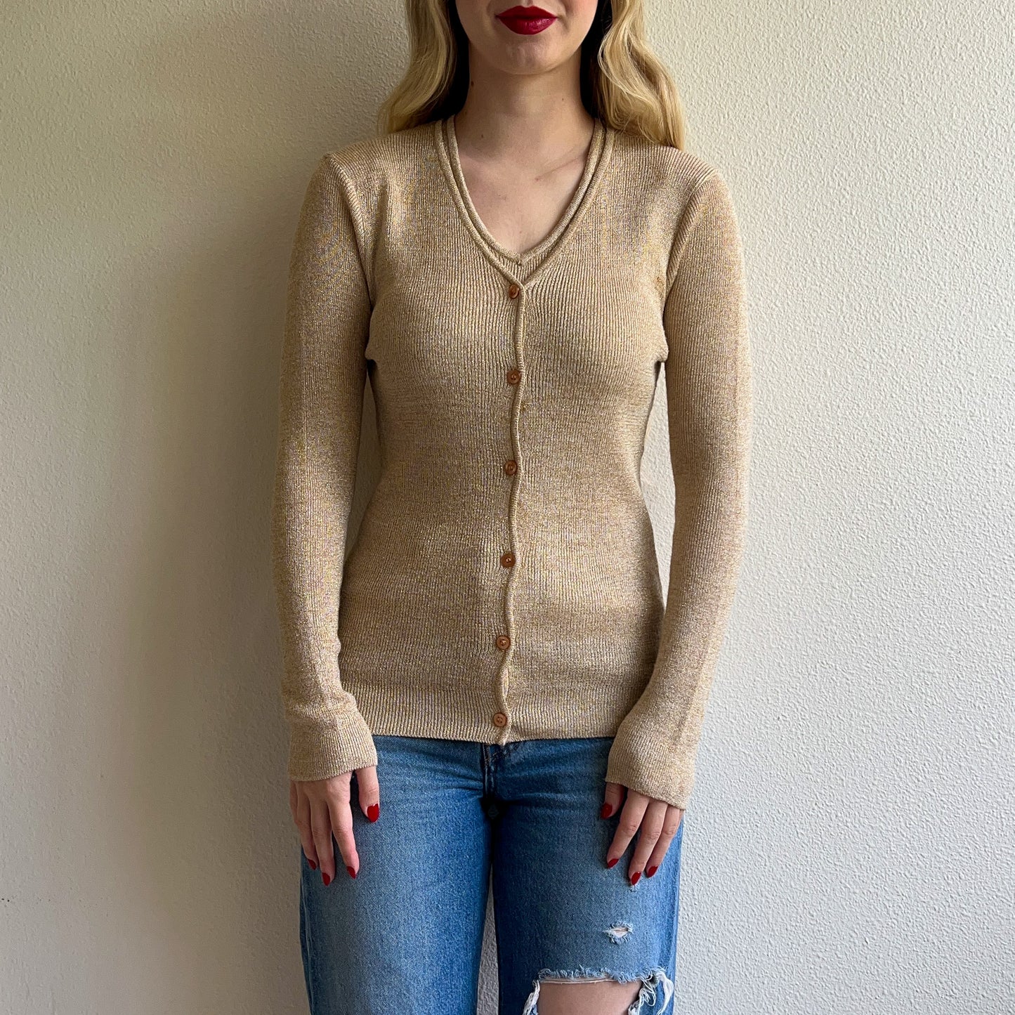 1960s Shimmering Gold Knitted Top and Cardigan Set (S/M)