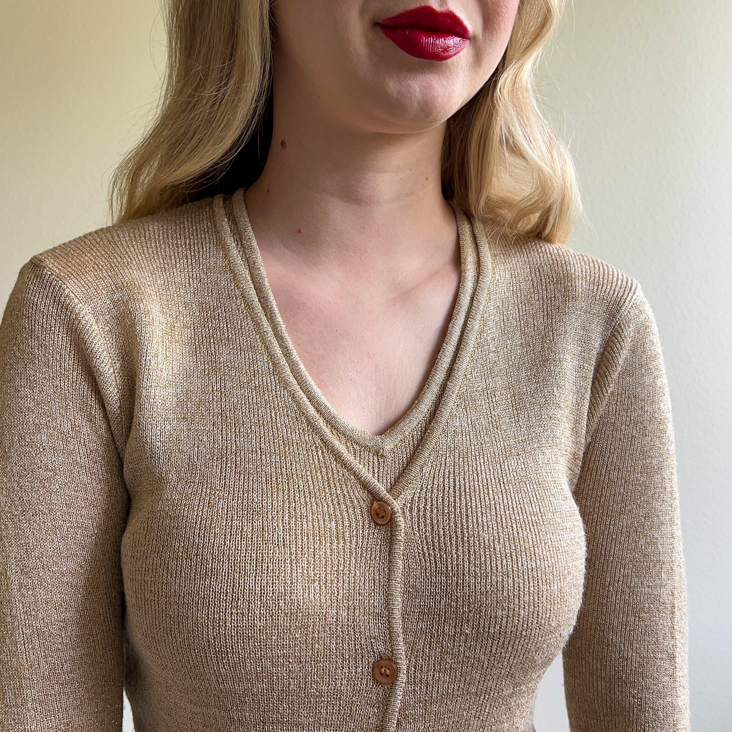 1960s Shimmering Gold Knitted Top and Cardigan Set (S/M)