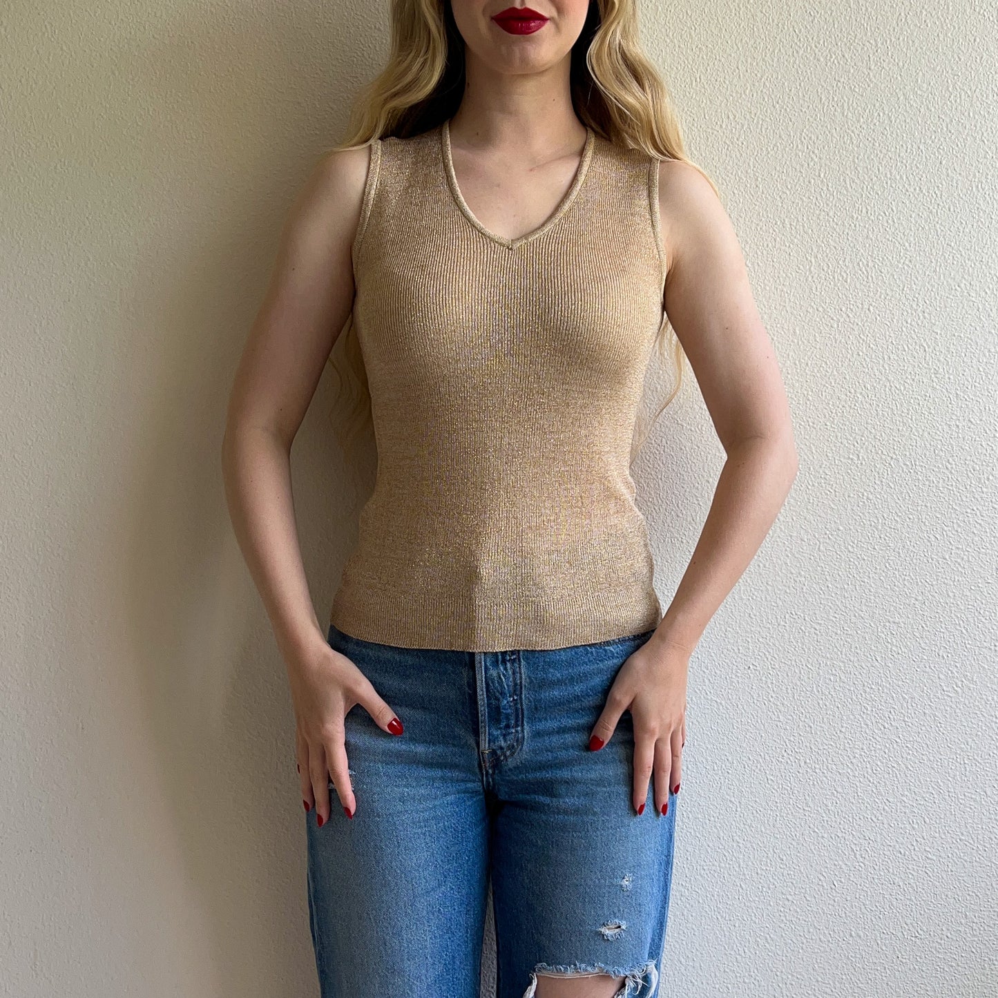 1960s Shimmering Gold Knitted Top and Cardigan Set (S/M)