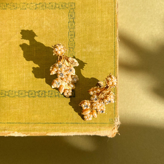 1960s Gold Leaves Earrings With Pearls and Rhinestones